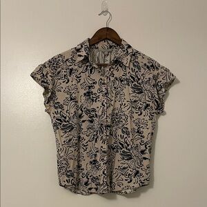 Hester & Orchard Linen Blend Floral Collared Short Sleeve Button Up Shirt LARGE